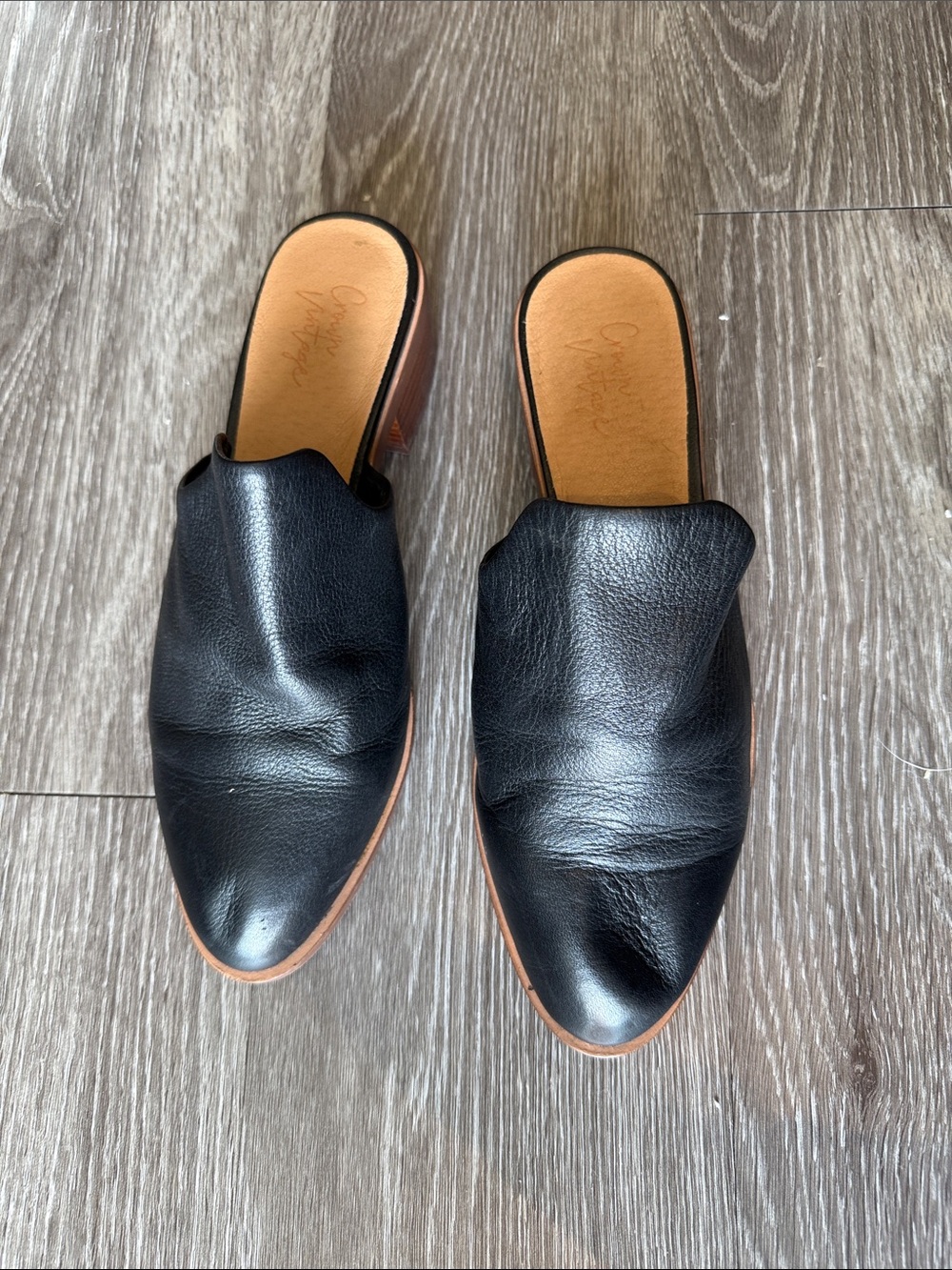 Crown Vintage Black Leather Slip-On Mules with Tan Insole